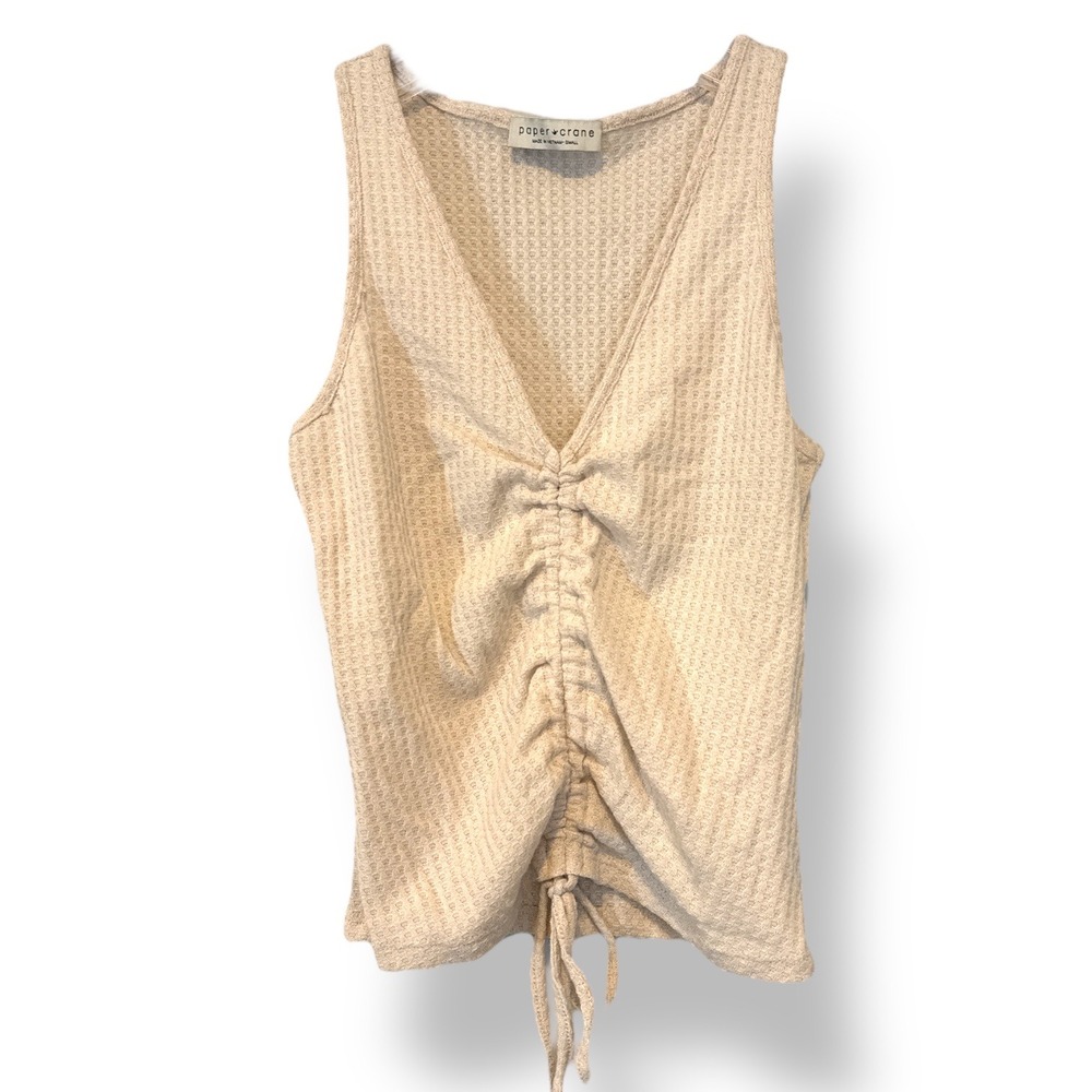 Paper Crane Womens‎ Sm Waffle Knit Tank Top, Drawstring Front, Sleeveless, Beige